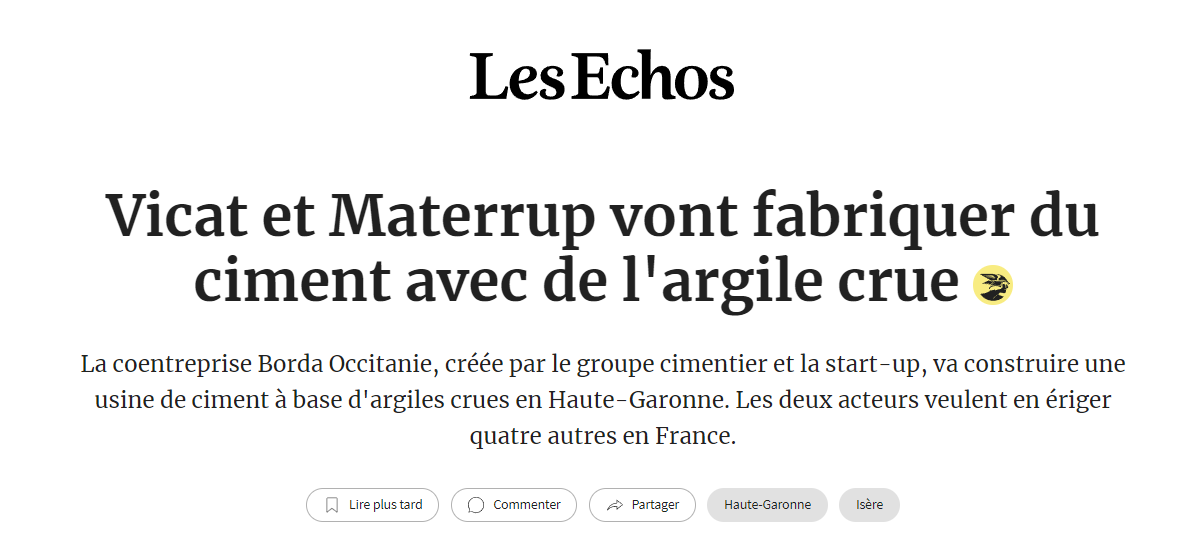 LES ECHOS : Vicat et Materrup vont fabriquer du ciment d'argile crue